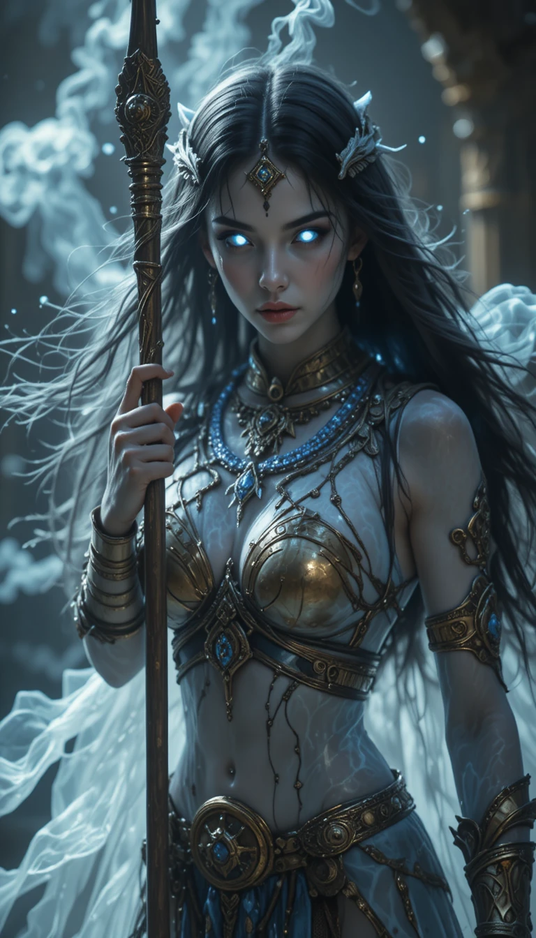 Ethereal Sumerian ghost warrior priestess with glowing white eyes