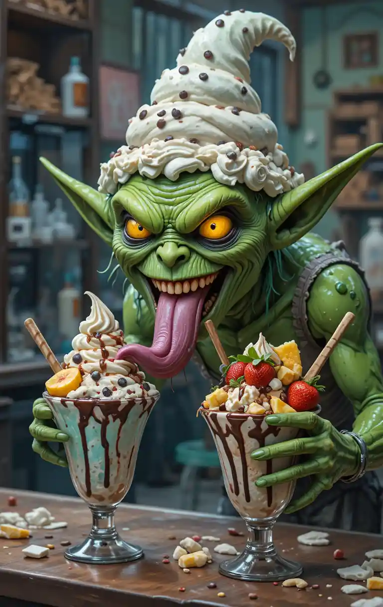 Creepy Green Goblin Making A Loaded Ice Cream Sundae