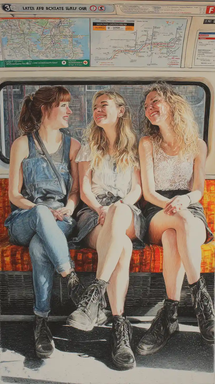 Three smiling young women on an orange subway bench
