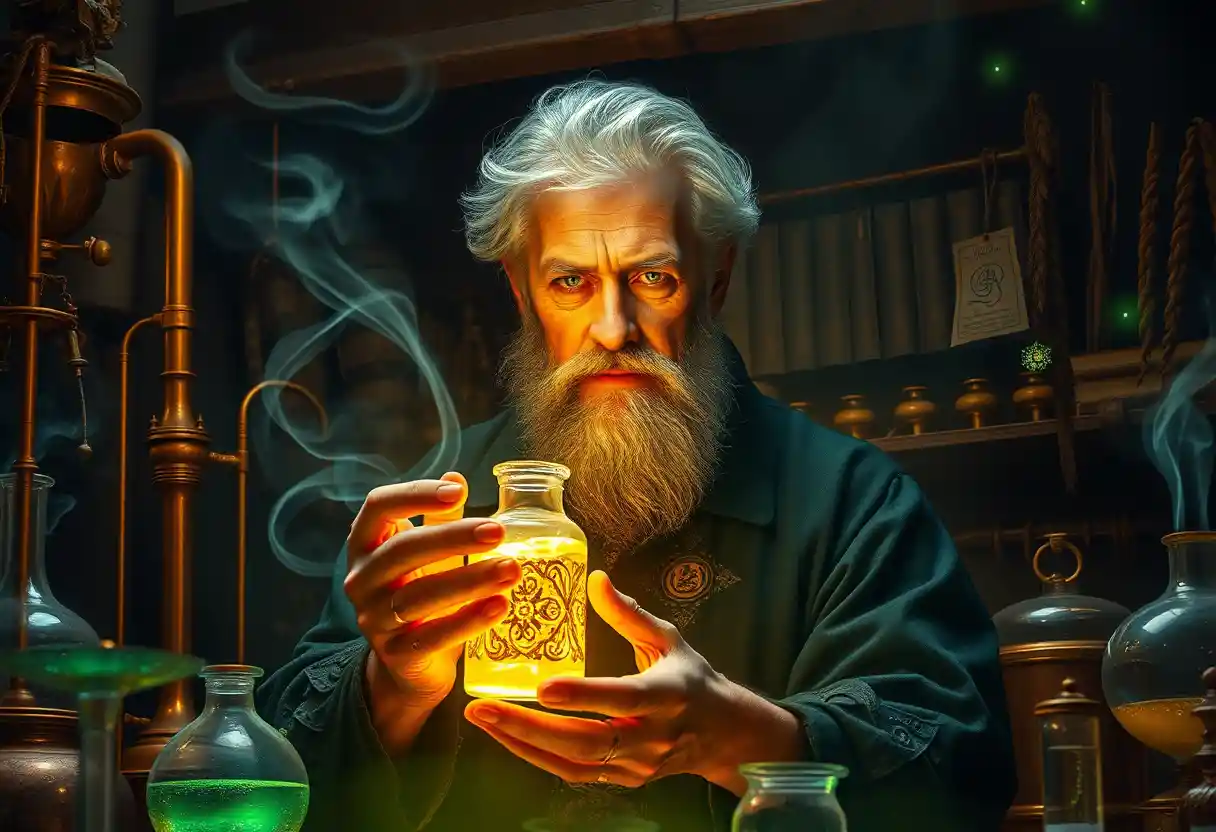 Mystical alchemist glowing vial in dark renaissance laboratory