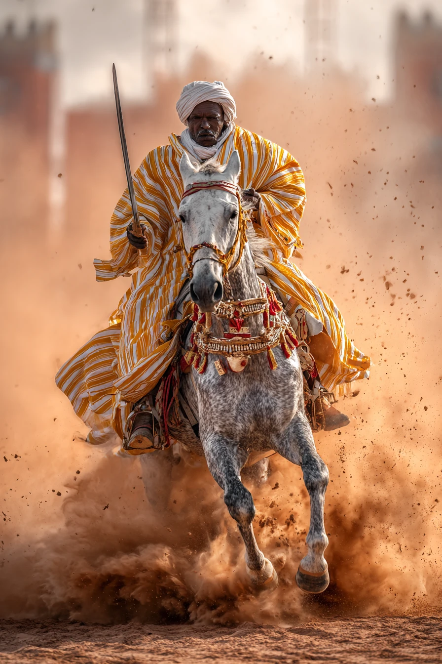 Moroccan horseman charging in dust with raised sword