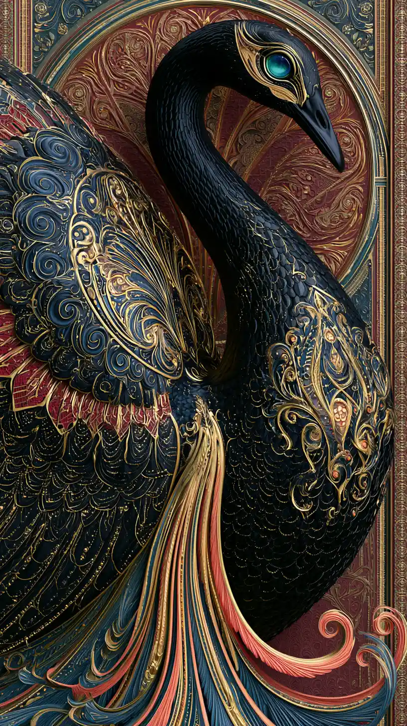 Black swan in ornate art nouveau inspired 3d portrait