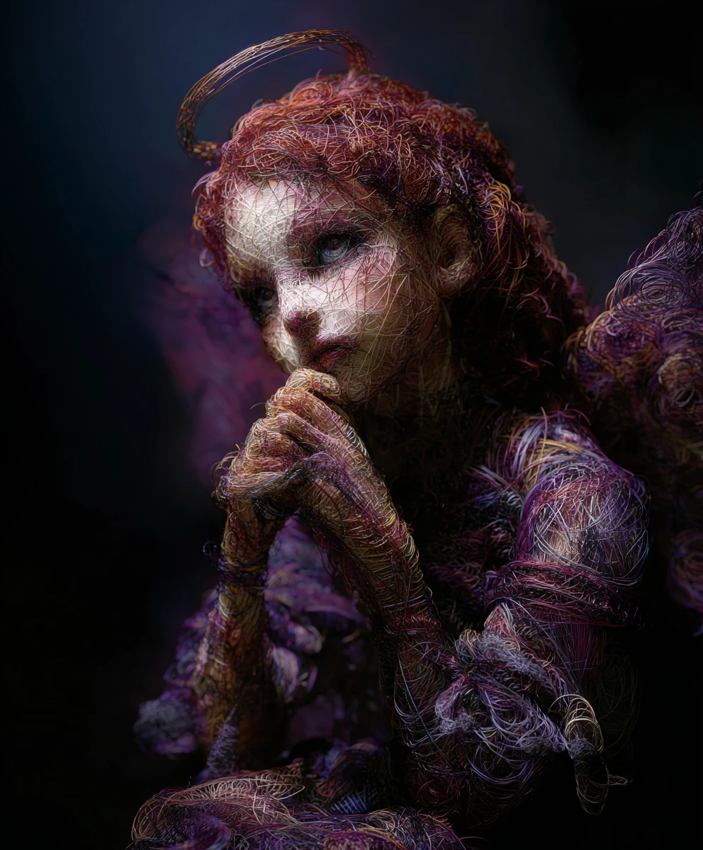 Surreal angelic woman woven from impossible glowing threads