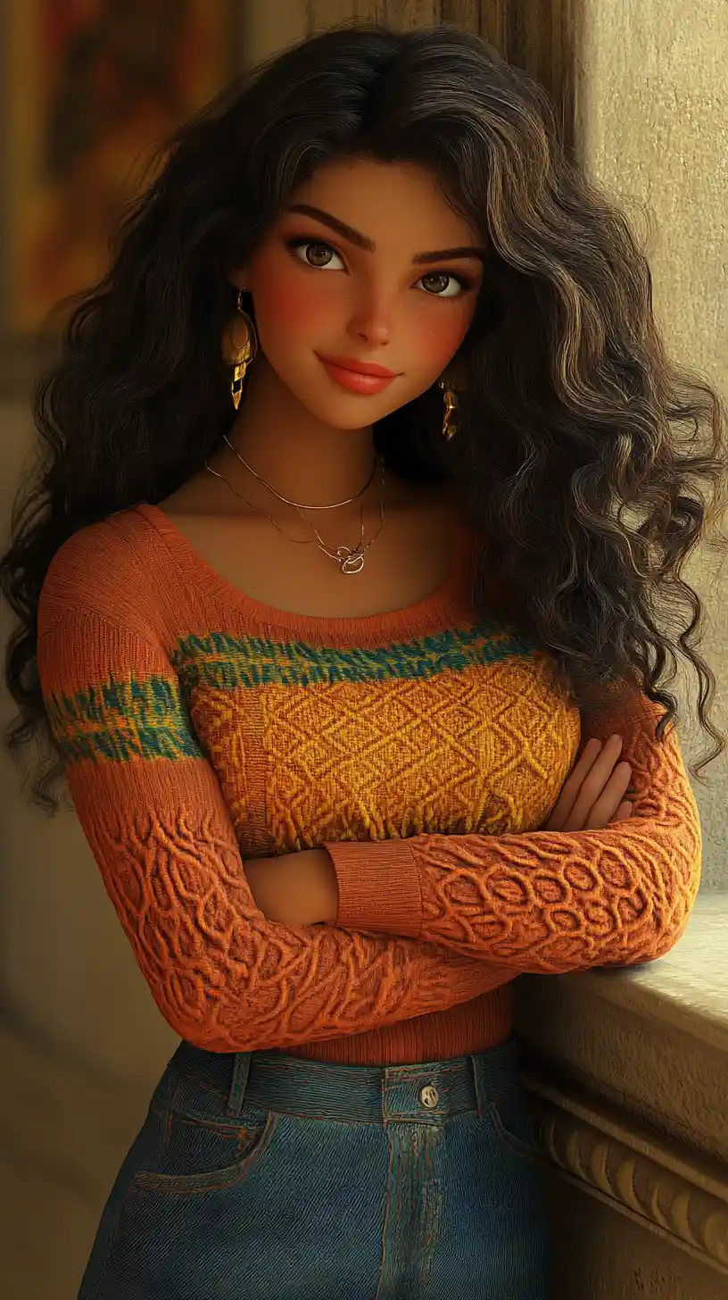 Playful 3d cartoon girl leaning against a wall
