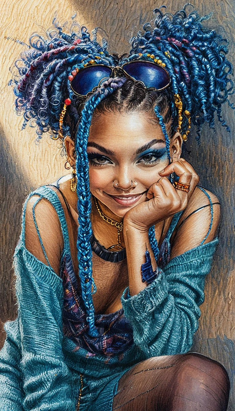 Playful girl with blue dreadlocks crouching on a paved street