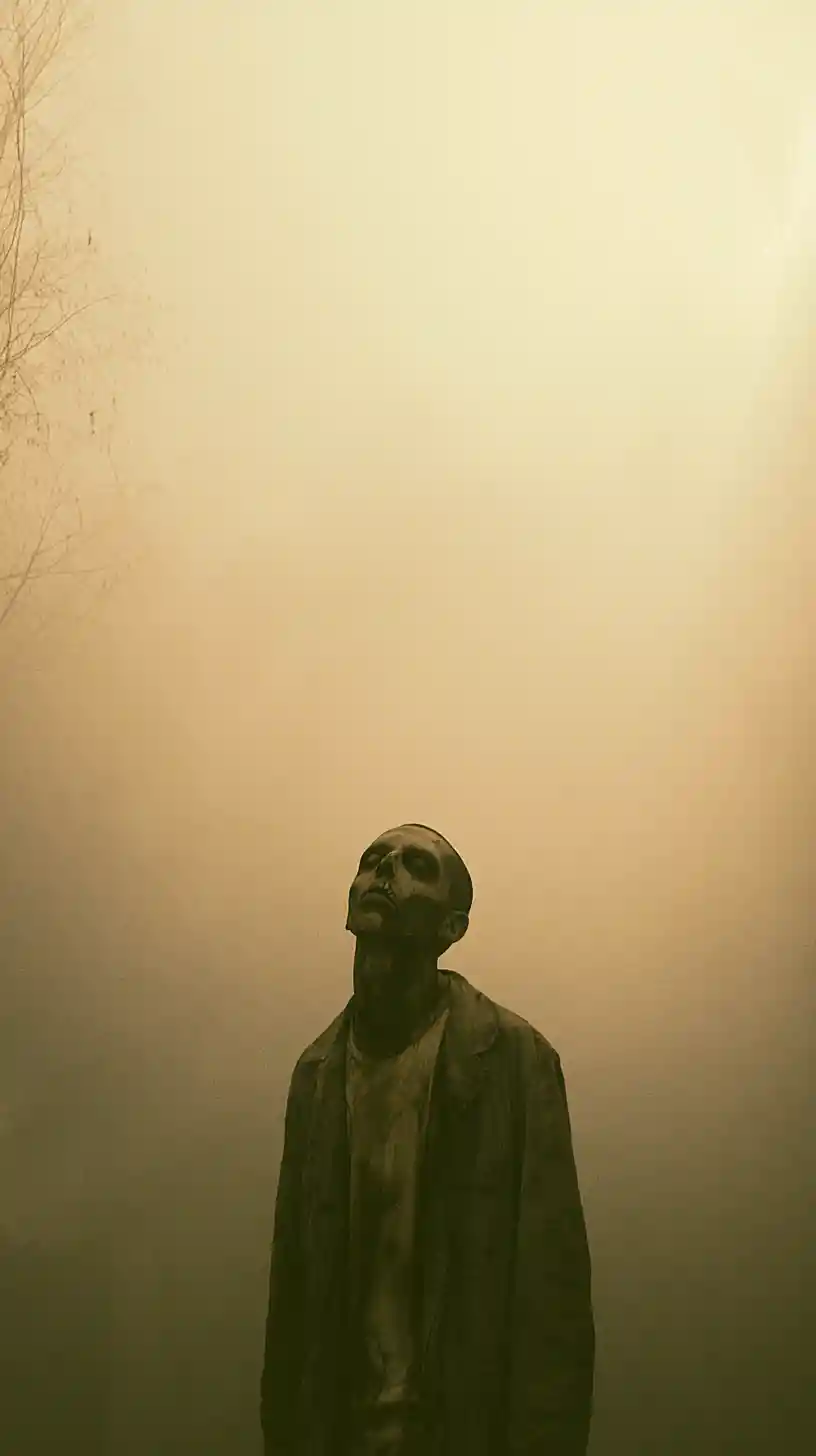 Zombies move through thick midnight fog in a dark street