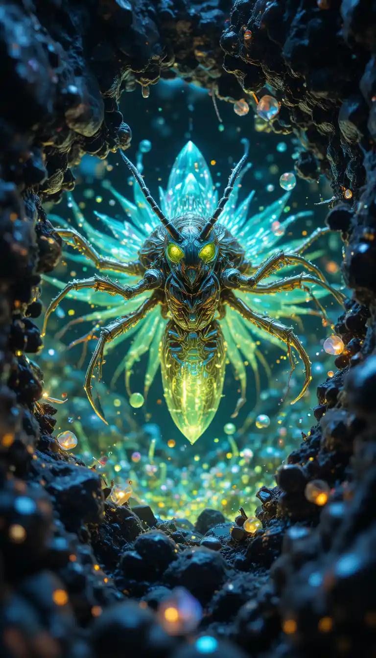 Insetti di cristallo frattale che esplodono da uno schermo verticale