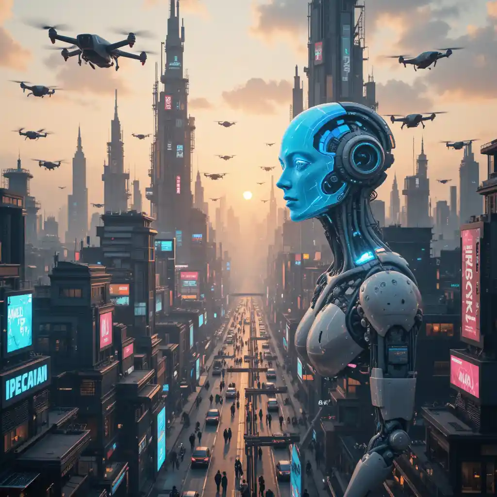 Futuristic AI Metropolis Filled With Flying Cars And Robots