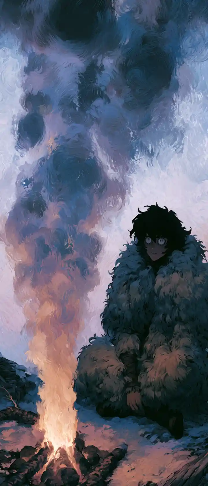 Anime seer in furs gazing into a smoking campfire vision