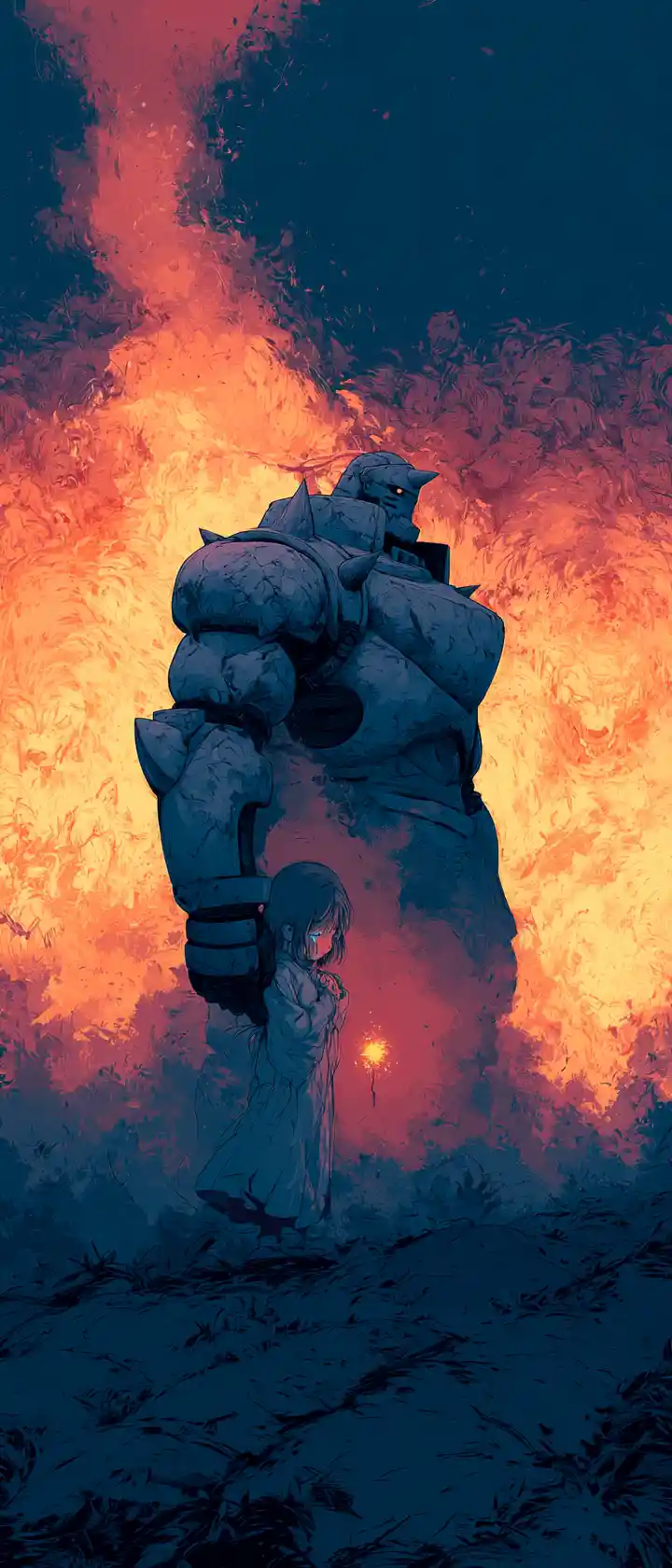 Armored guardian shielding a fragile crying anime star child