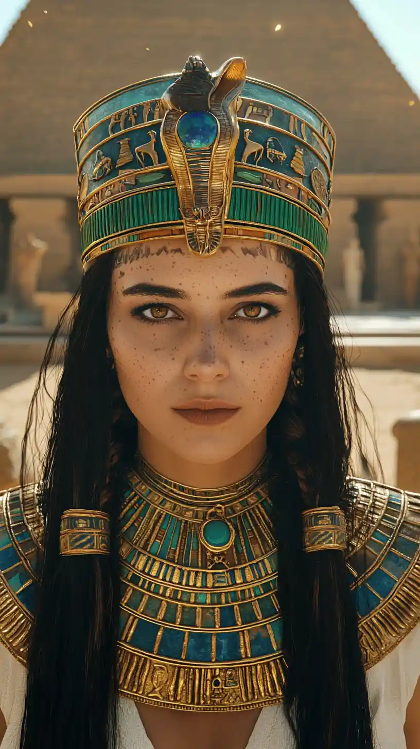 Regal ancient Egyptian woman in temple courtyard at sunset