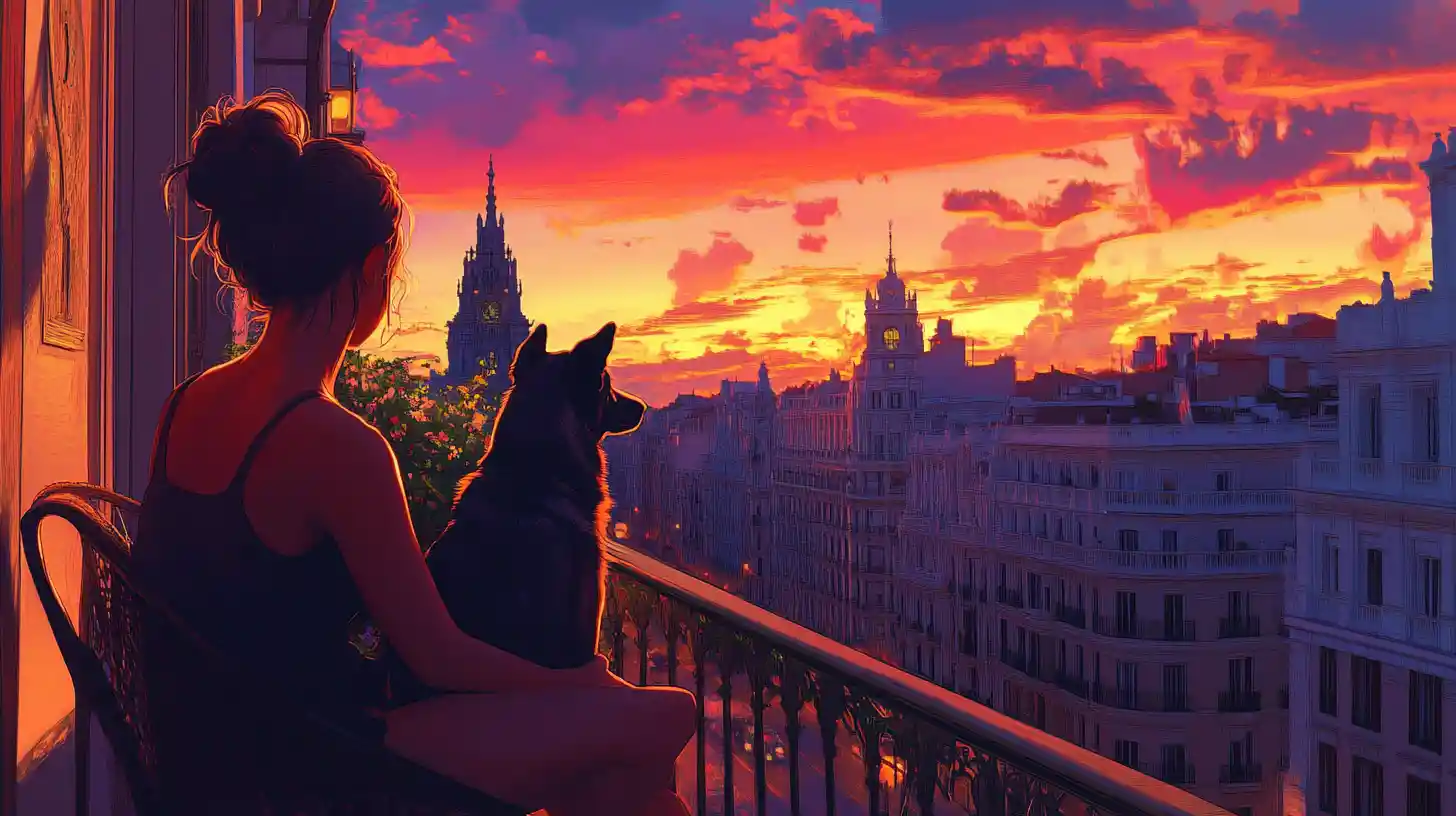 Anime woman with dog on terrace at Madrid sunset