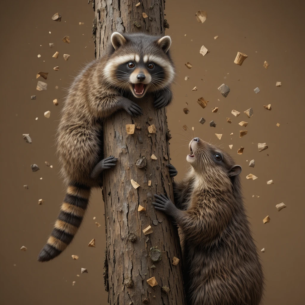 Anxious raccoon and beaver clash on a brown tree trunk