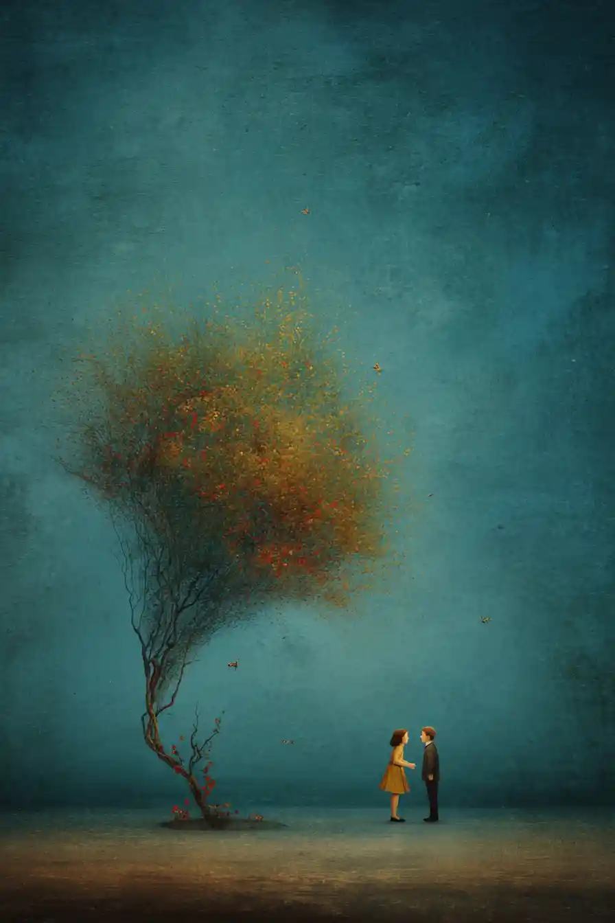 Melancholic surreal woman painted in rich indigo and turquoise tones