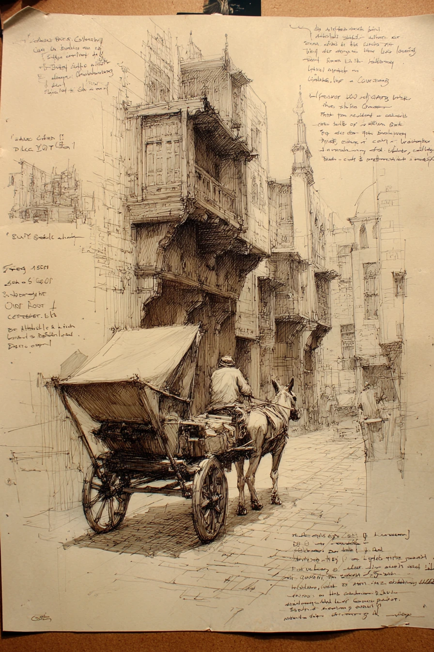 Architectural sketch of an old Cairo street with donkey cart