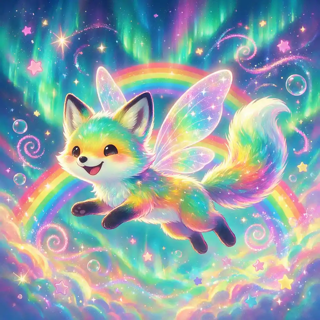 Whimsical Bioluminescent Fox Flying In Colorful Sky