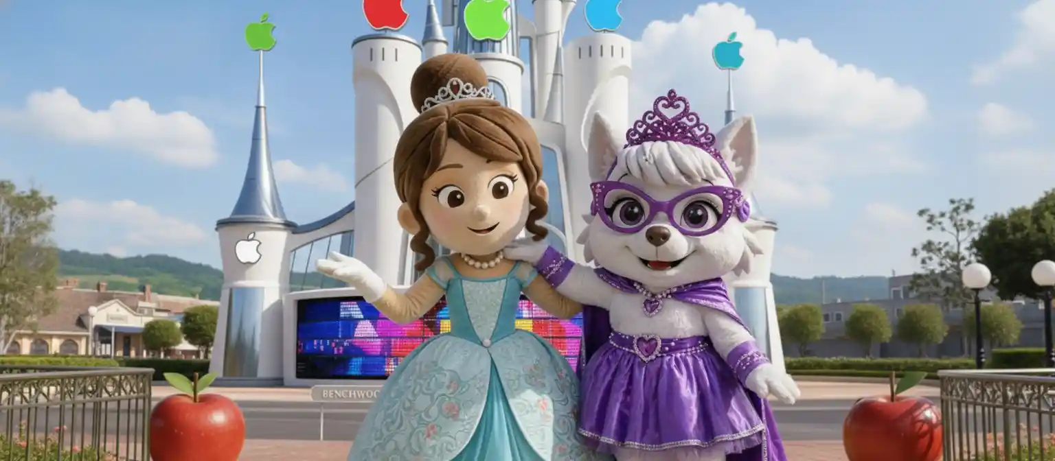 Two mascot princesses standing together in a wide photo frame