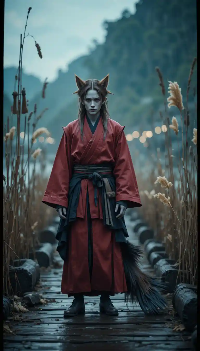 Fantasy foxlike man on a quiet fishing dock