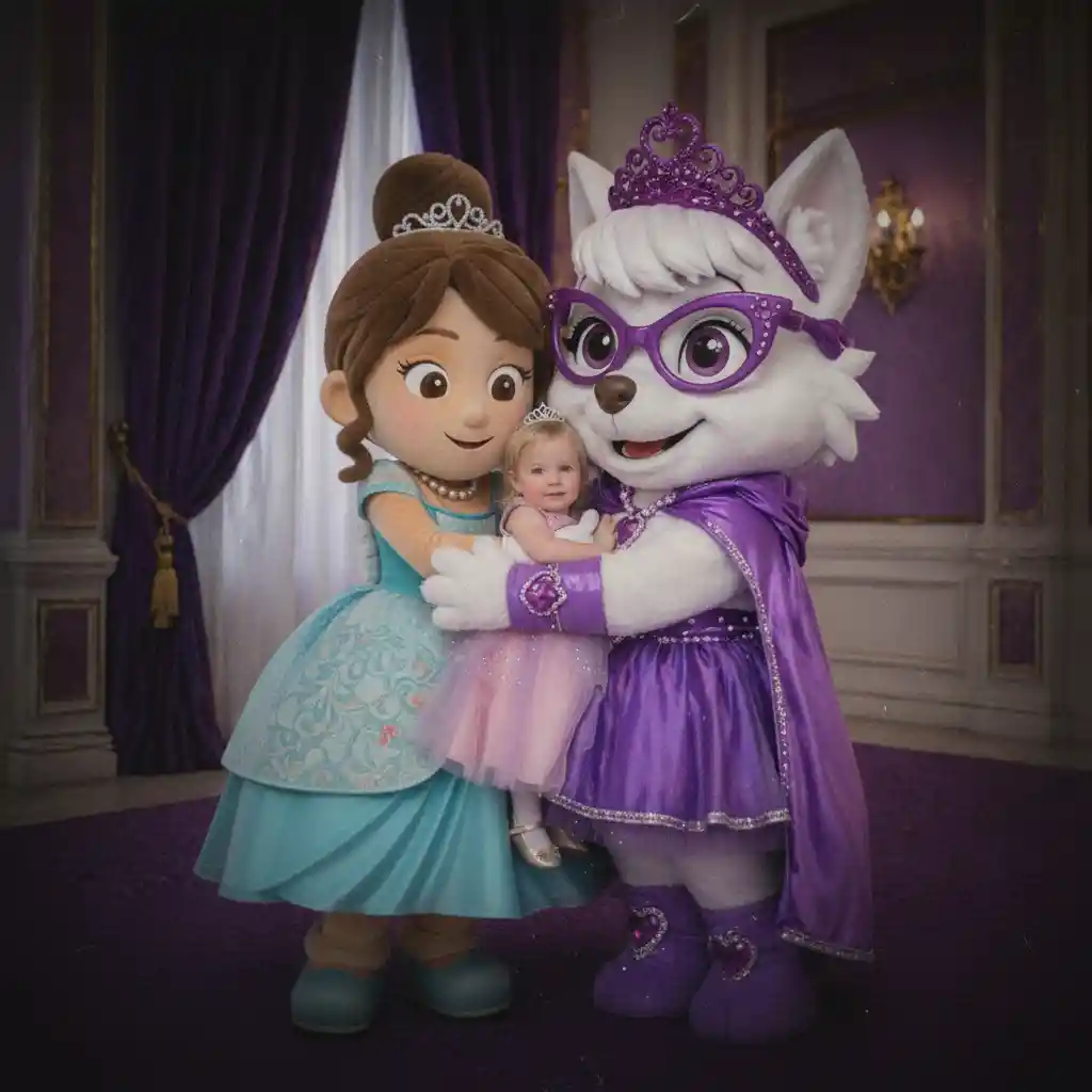 Due principesse mascotte che abbracciano una giovane principessa umana