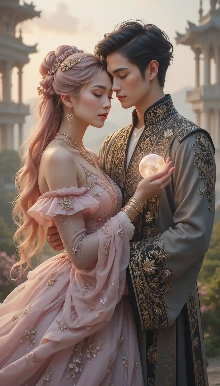 Romantic couple embracing in glowing fantasy garden