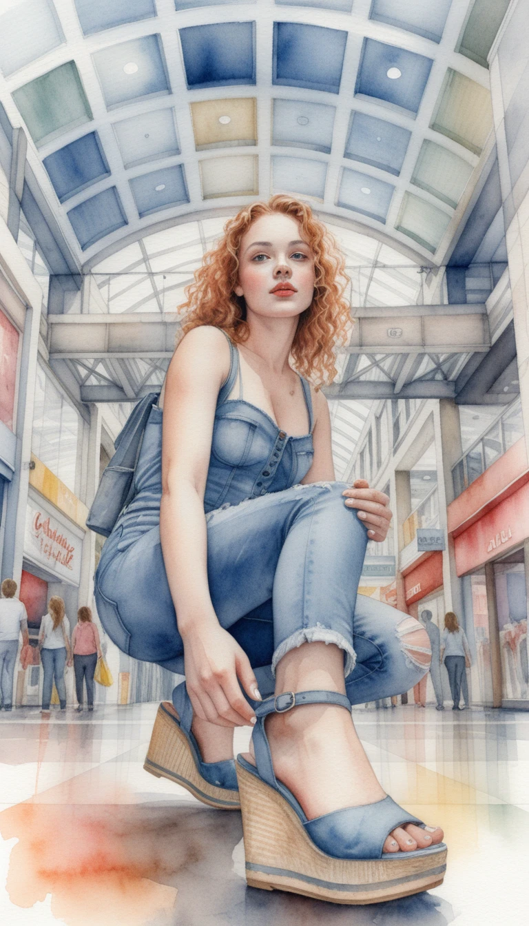 Crouching woman in a mall drawn with colored pencils