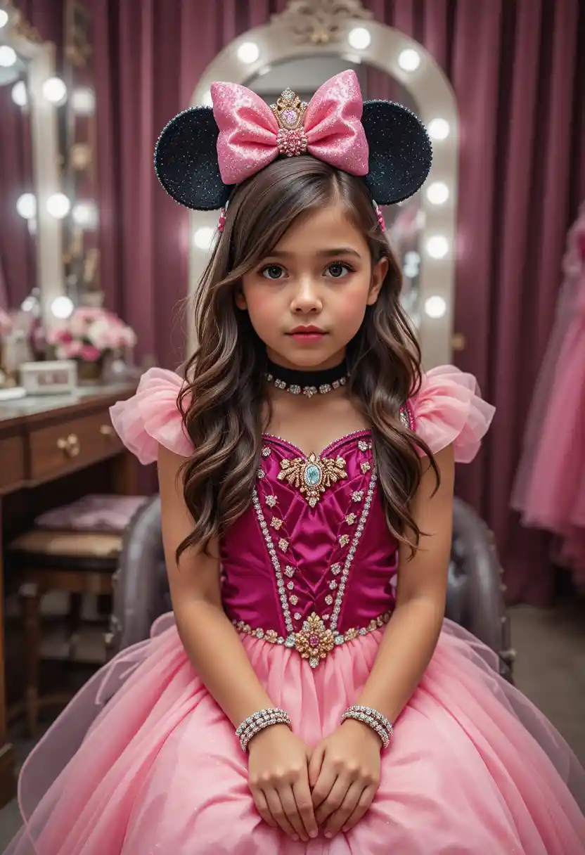 Embarrassed boy in pink princess dress at vanity stool