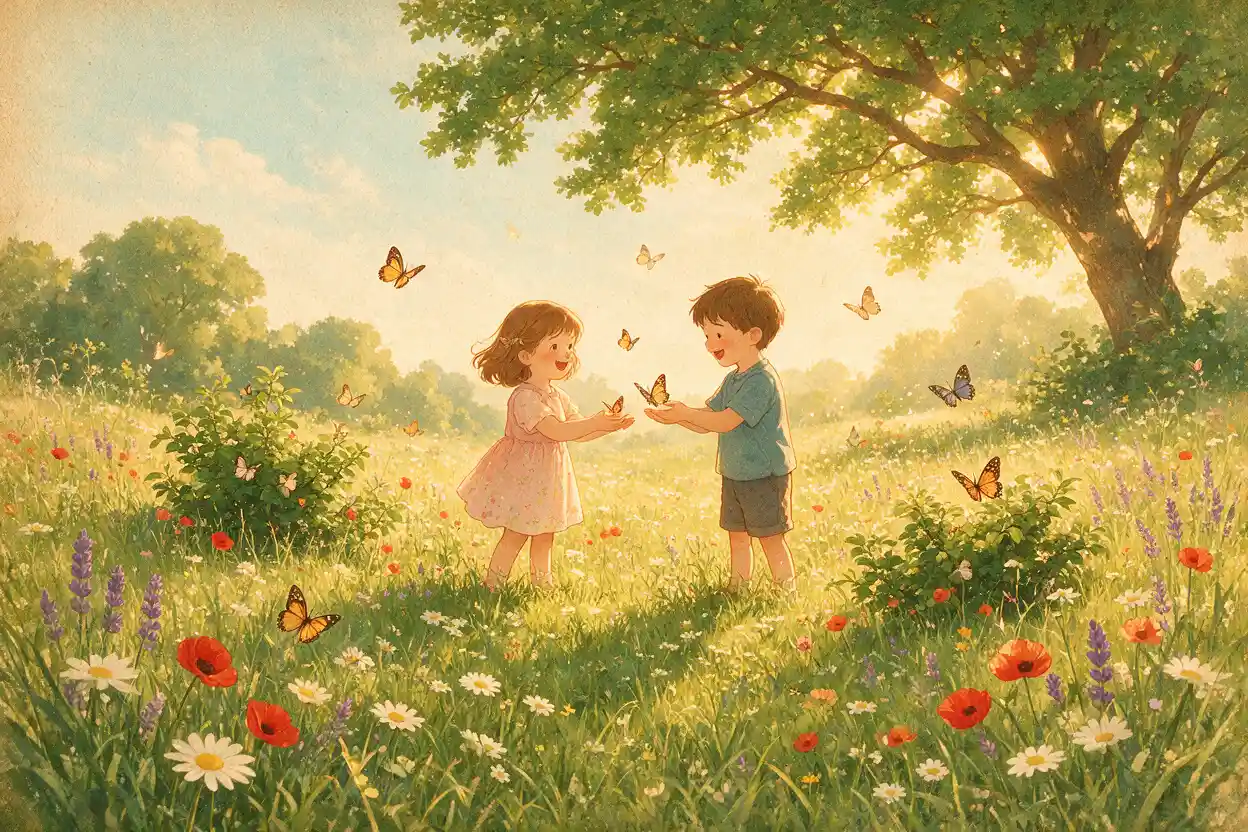 Vintage illustration of children with butterflies in meadow