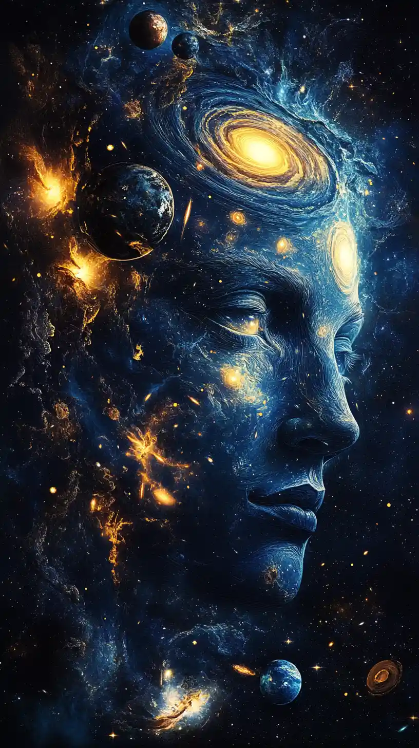 Surreal female portrait emerging from galaxies and nebulae