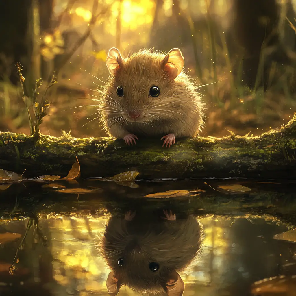 Cute brown rat resting on a mossy log by water