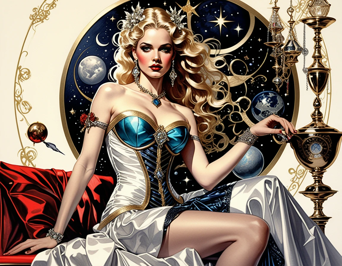 Elegant woman in celestial evening gown full body portrait