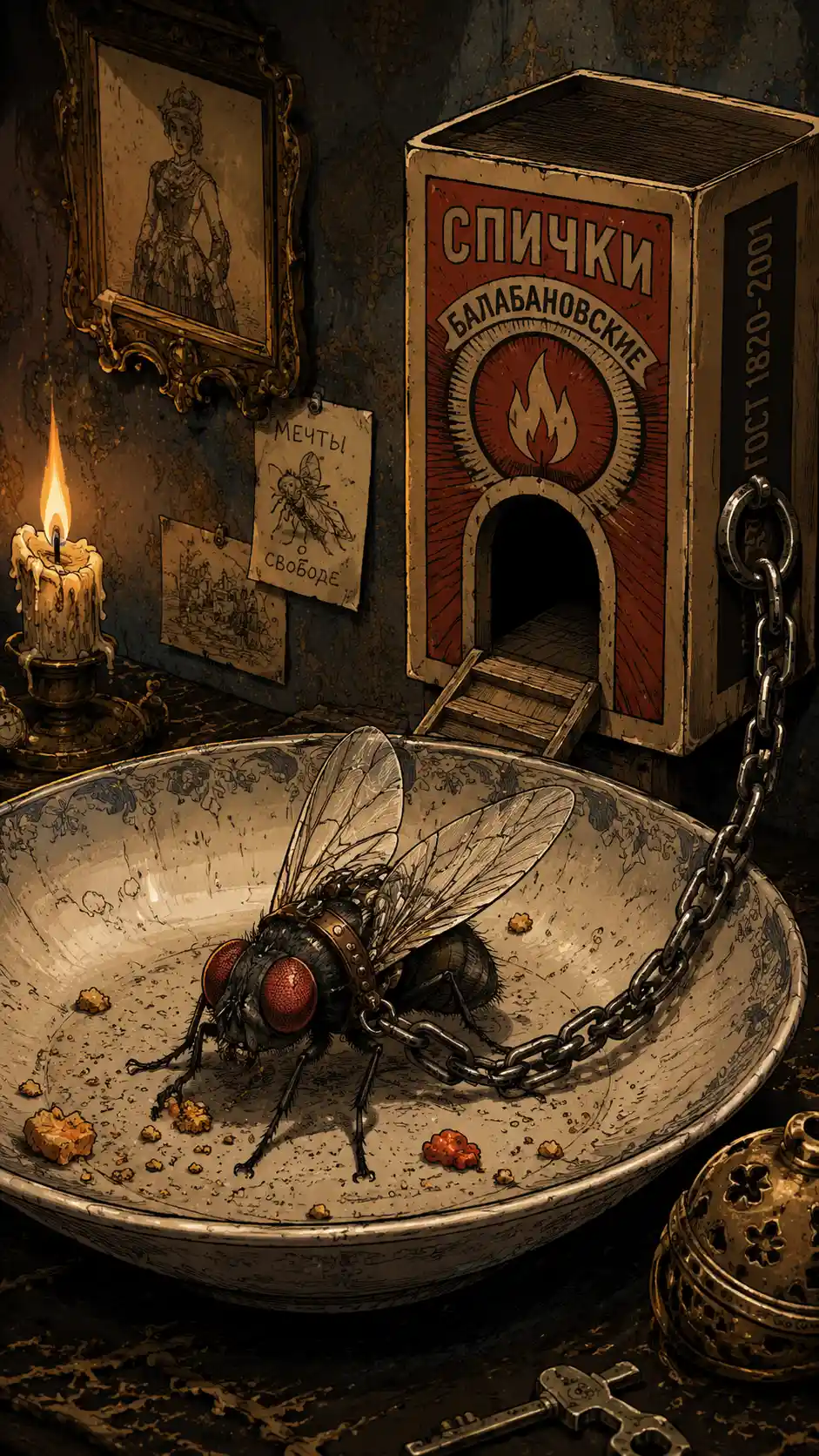 Cartoon fly chained to a giant matchbox kennel