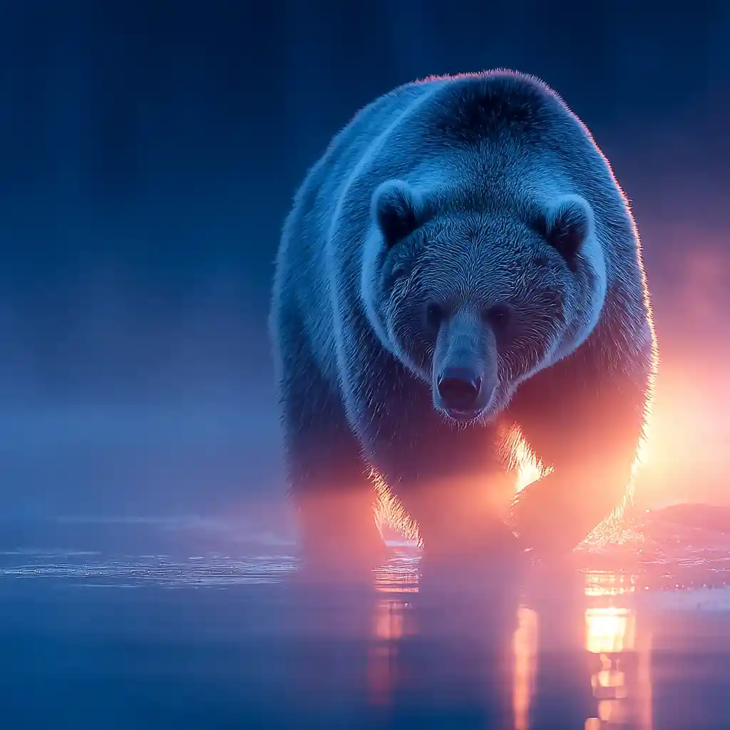 Cinematic bear in foggy forest with volumetric light rays