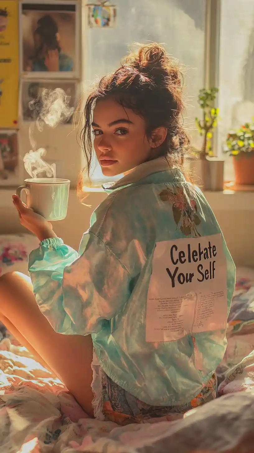 Young woman on sunlit bed with warm morning coffee