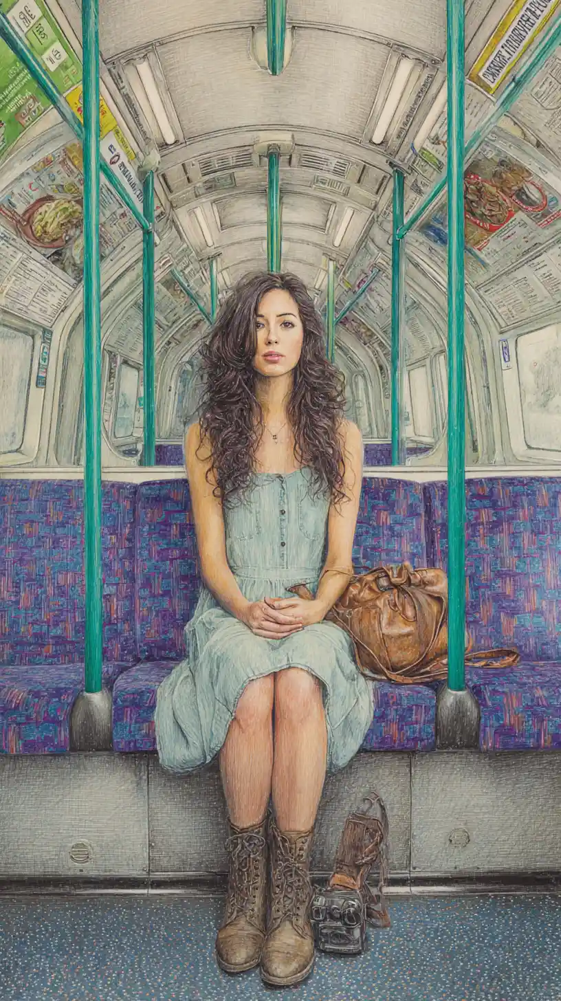 Young woman on London Underground seat in pencil illustration