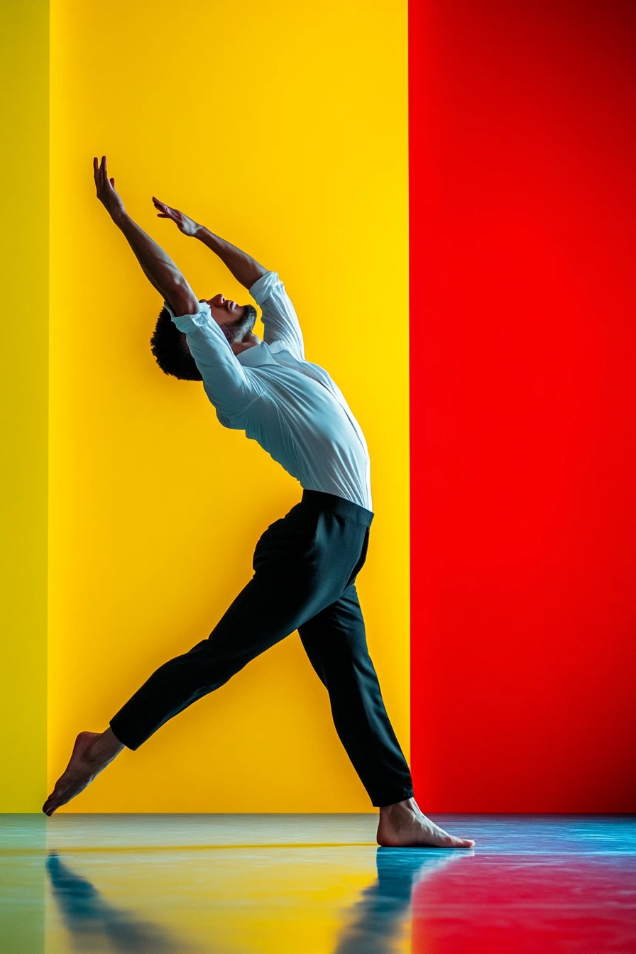Male dancer leaping in a dramatic backbend against bold colors