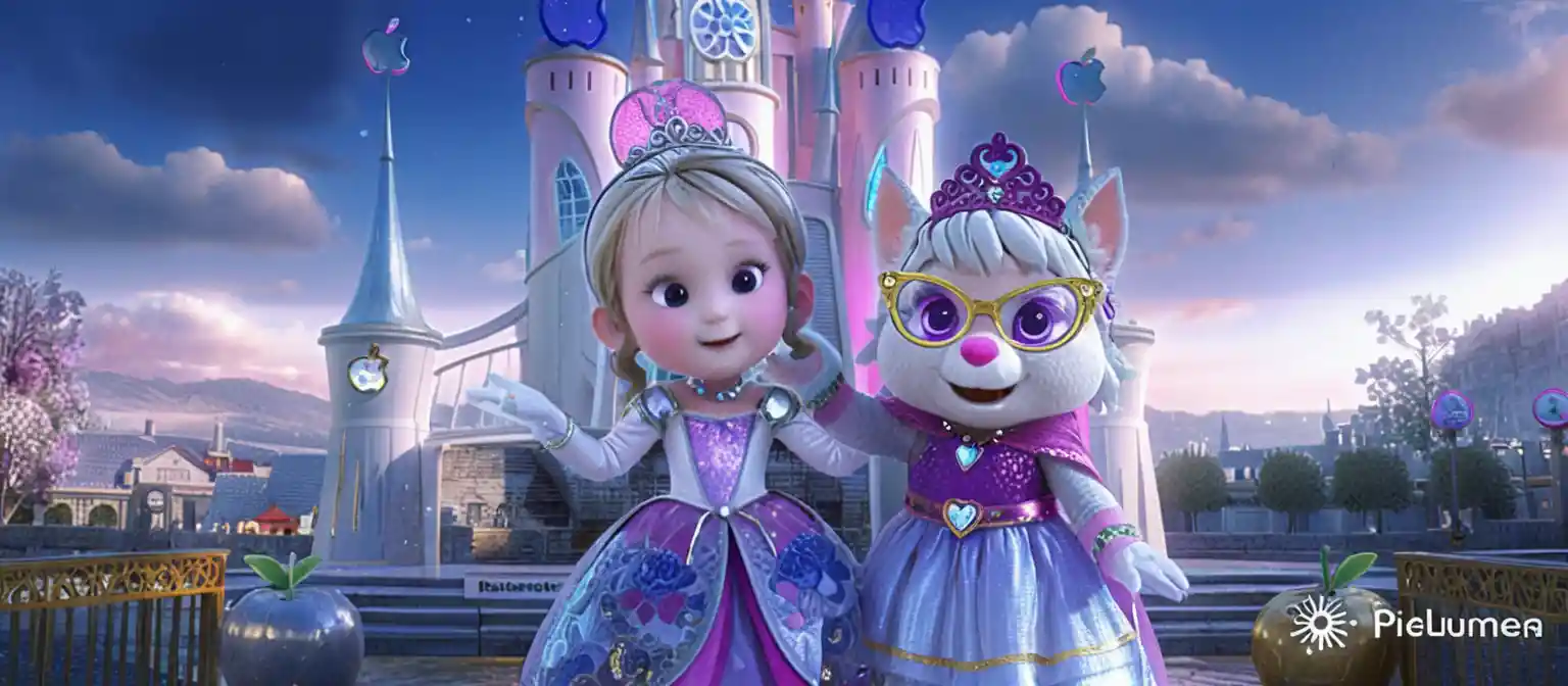 Due principesse mascotte abbracciano una principessina umana