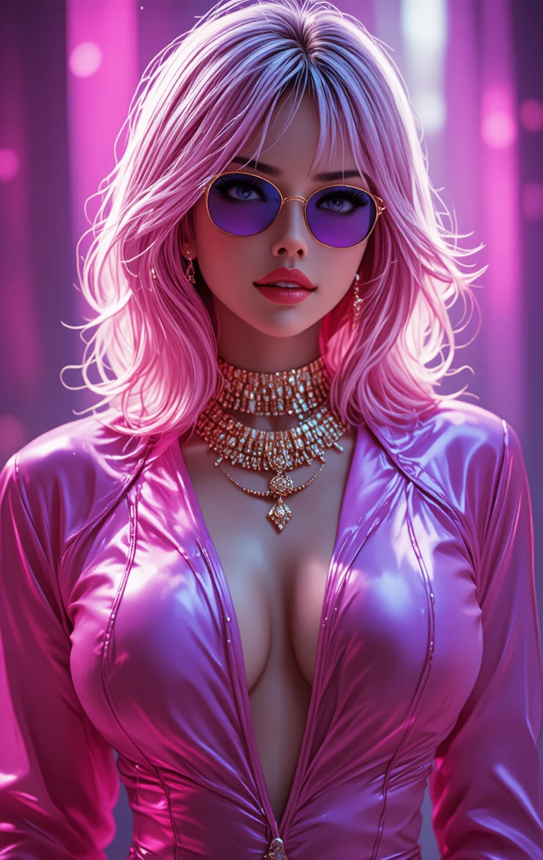 Futuristic woman in pink metallic blouse and jewelry