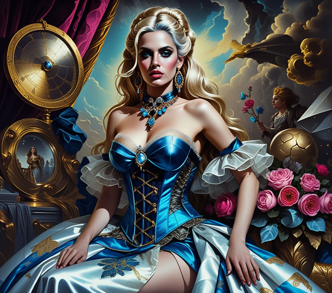 Elegant blonde woman in celestial evening gown portrait