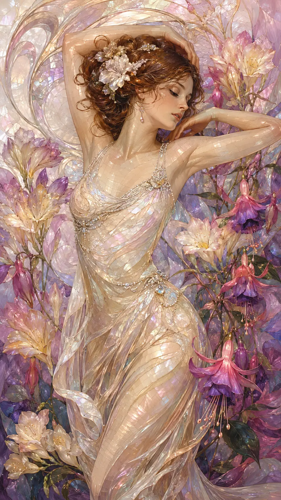 Elegant art nouveau lady with floral mosaic background