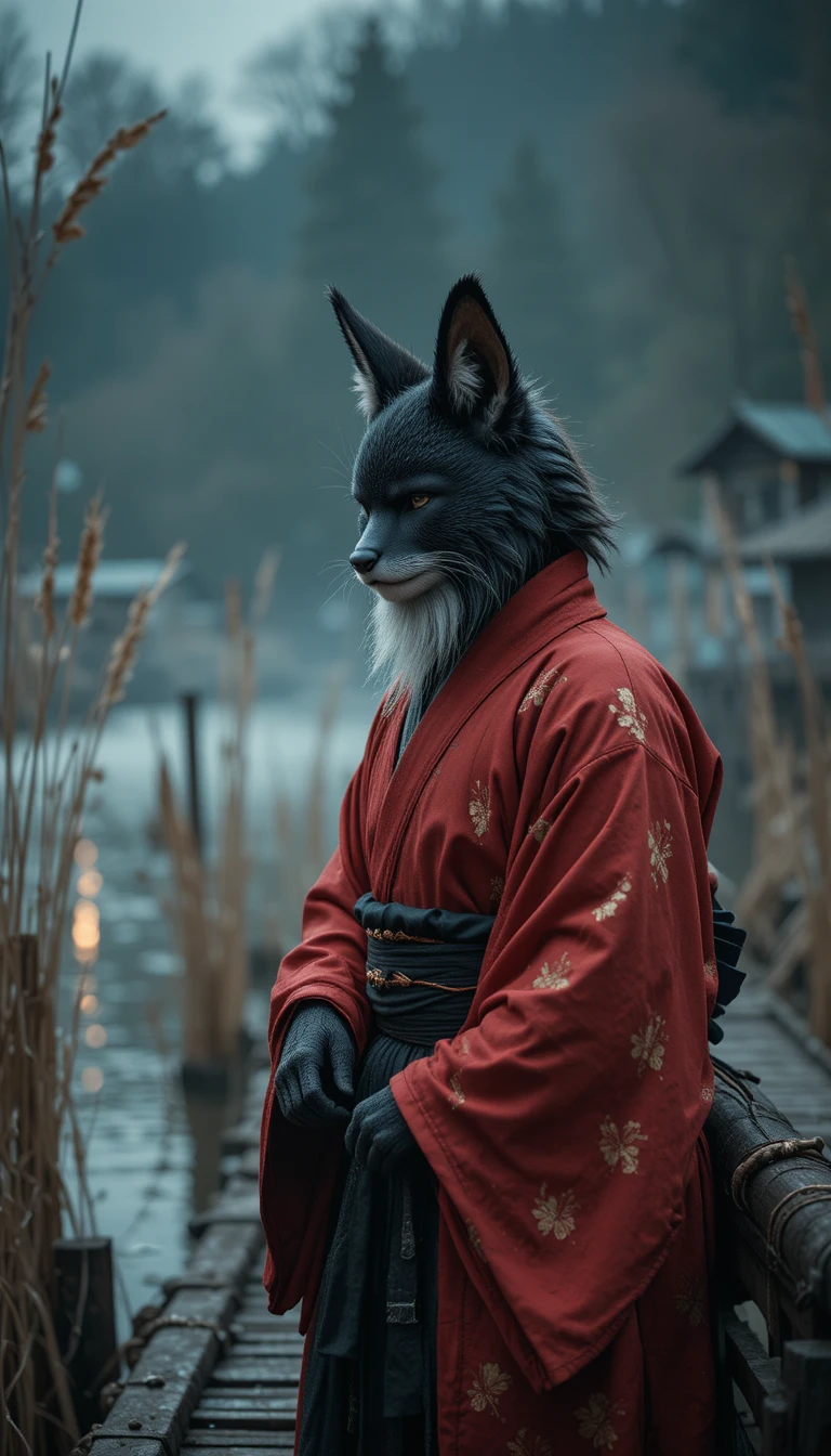Male kitsune in red and black robes on a quiet fishing dock