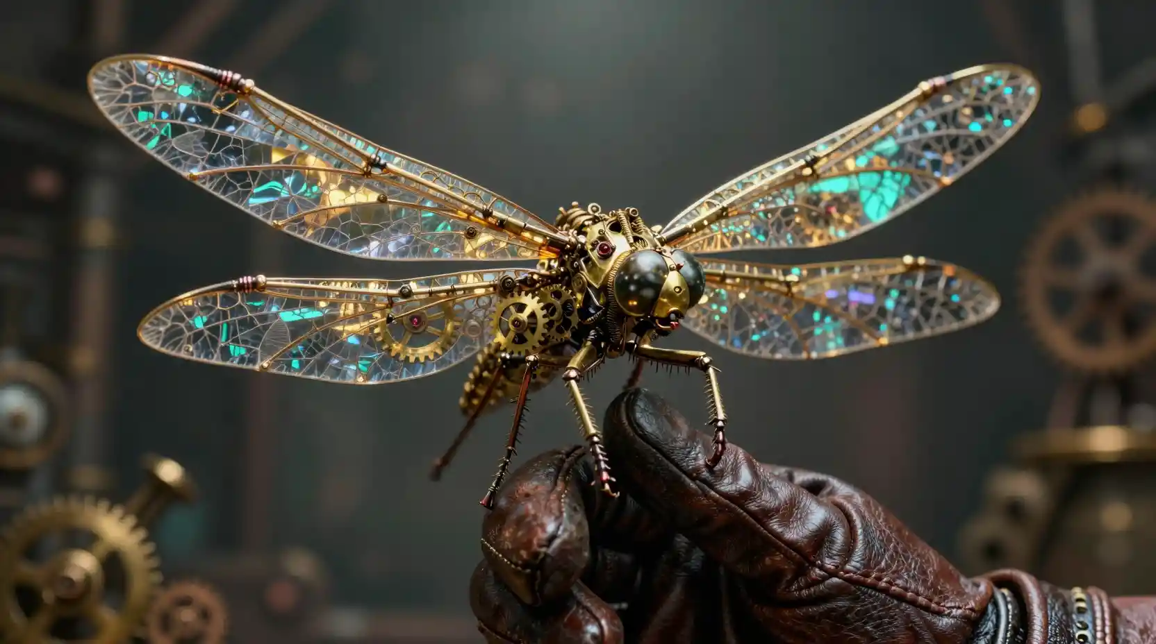 Mechanical dragonfly resting on a leather gloved finger