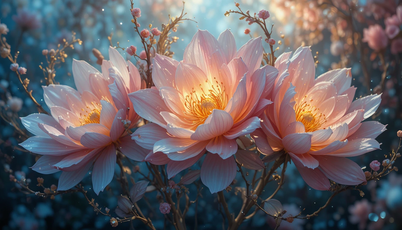 Digital triptych of glowing abstract flowers in luminist style