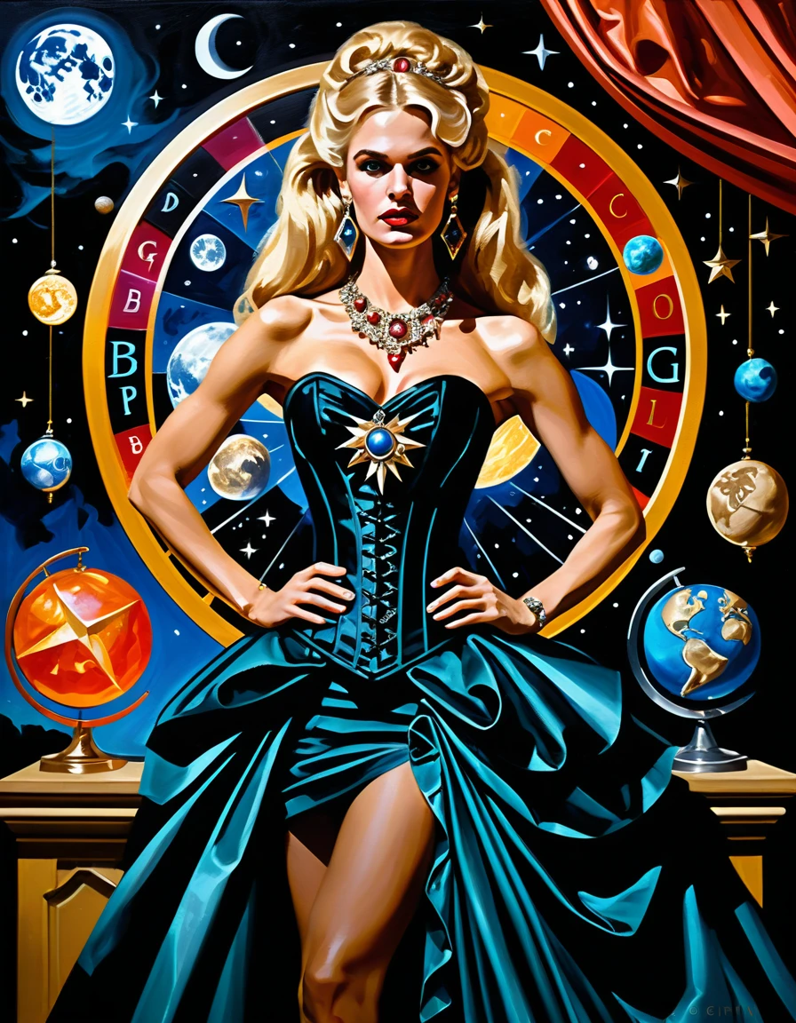 Ritratto di elegante donna bionda in abito da sera celestiale