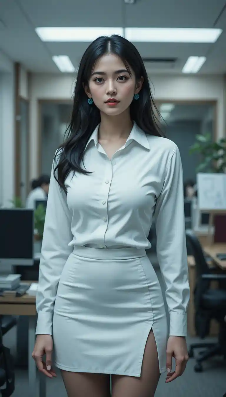Elegant woman in modern office with open shirt