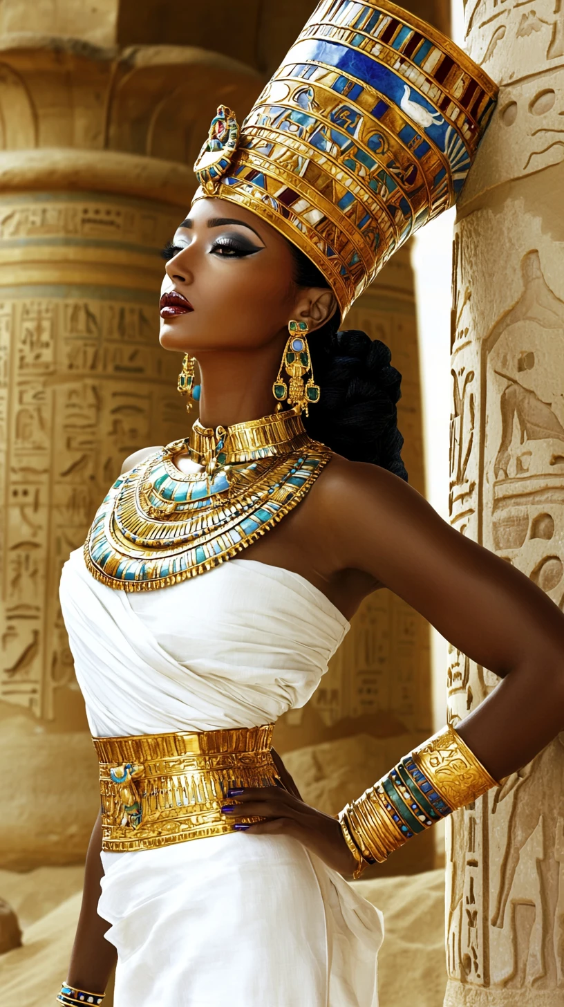 Regal ancient Egyptian woman in sunlit temple courtyard