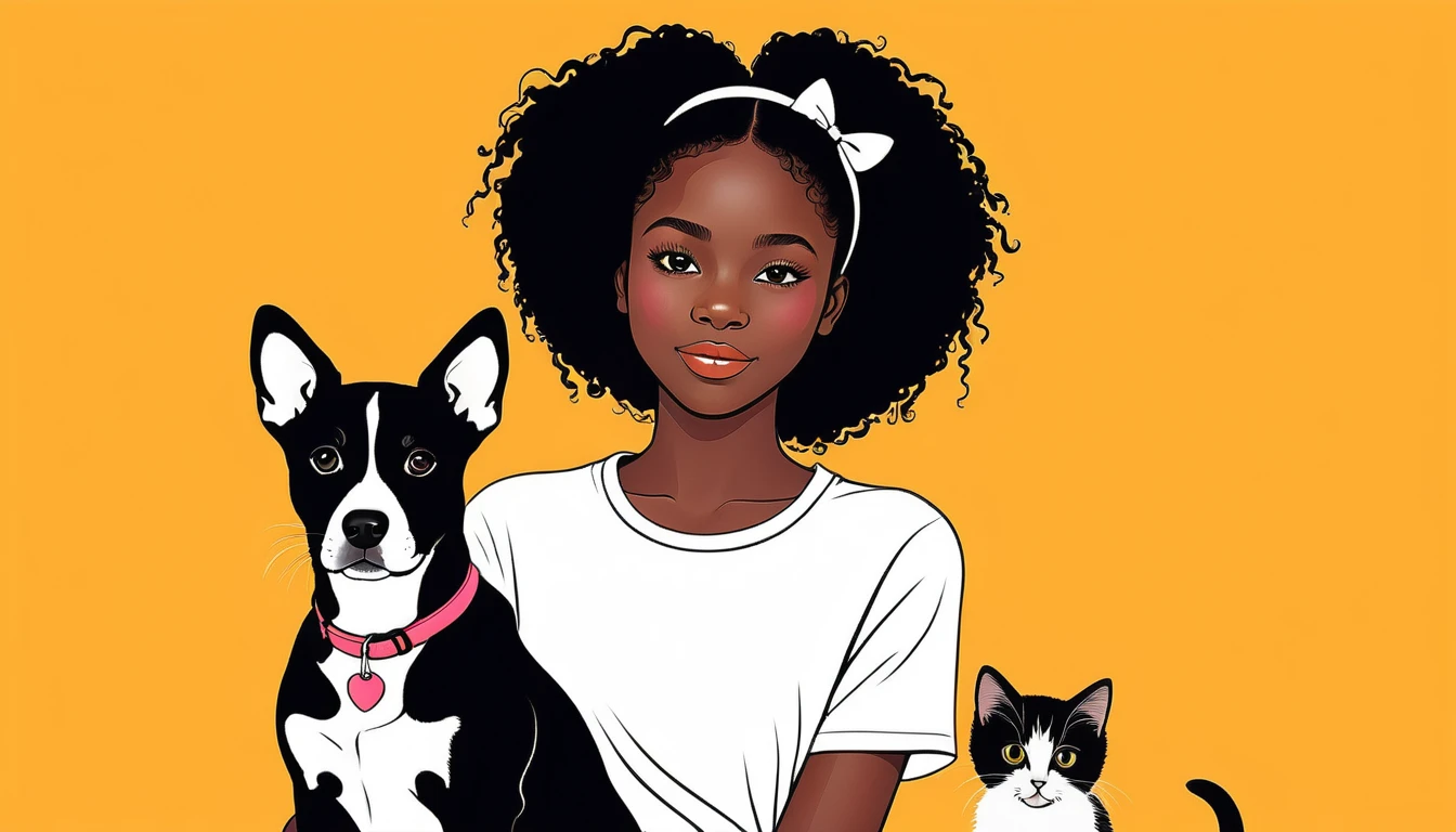 Whimsical doodle of a young girl with dog and kitten