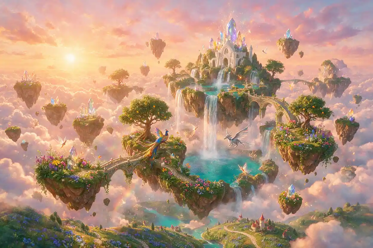 Colorful floating islands with waterfalls in a fantasy sky