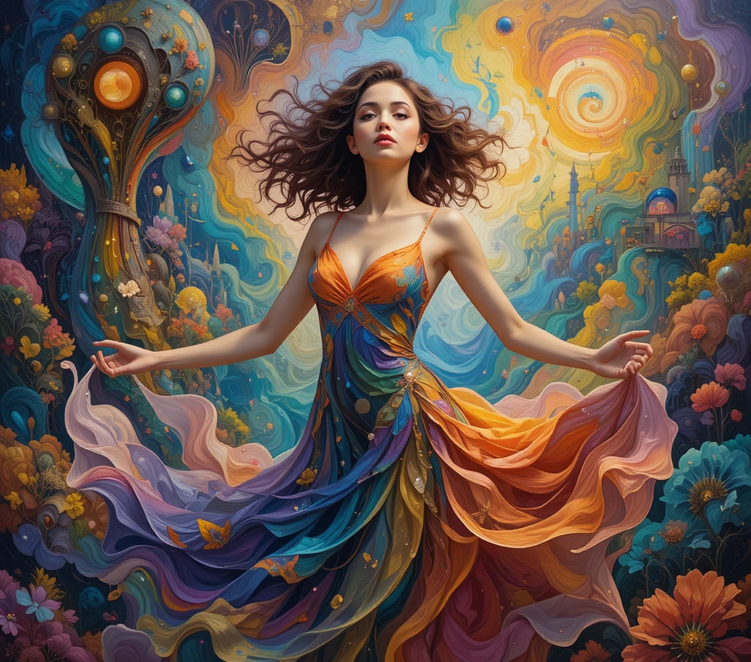 Vibrant woman in a swirling abstract dreamlike landscape