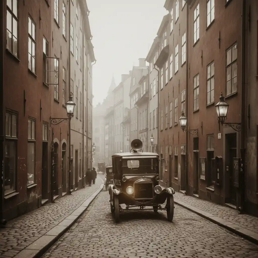 Vintage police car on misty cobblestone street in Stockholm