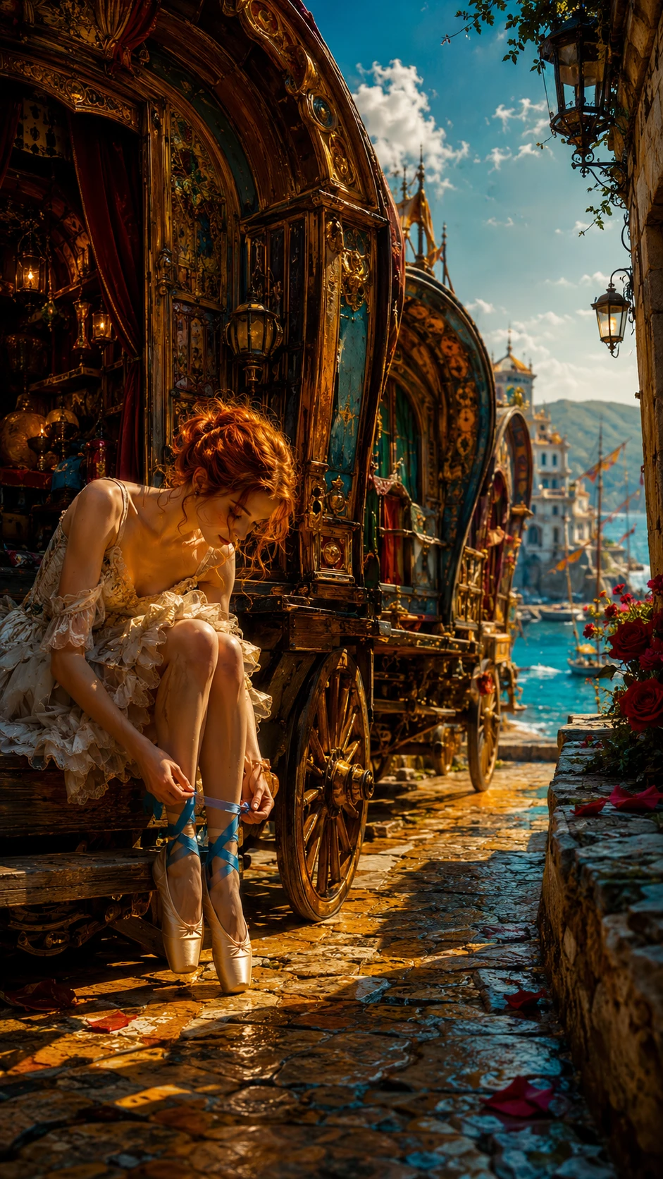 Ballet dancer beside ornate caravans in a coastal alley